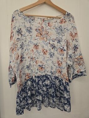 1X Plus Boho Floral Peasant Top in White with Blue & Rust Floral Print